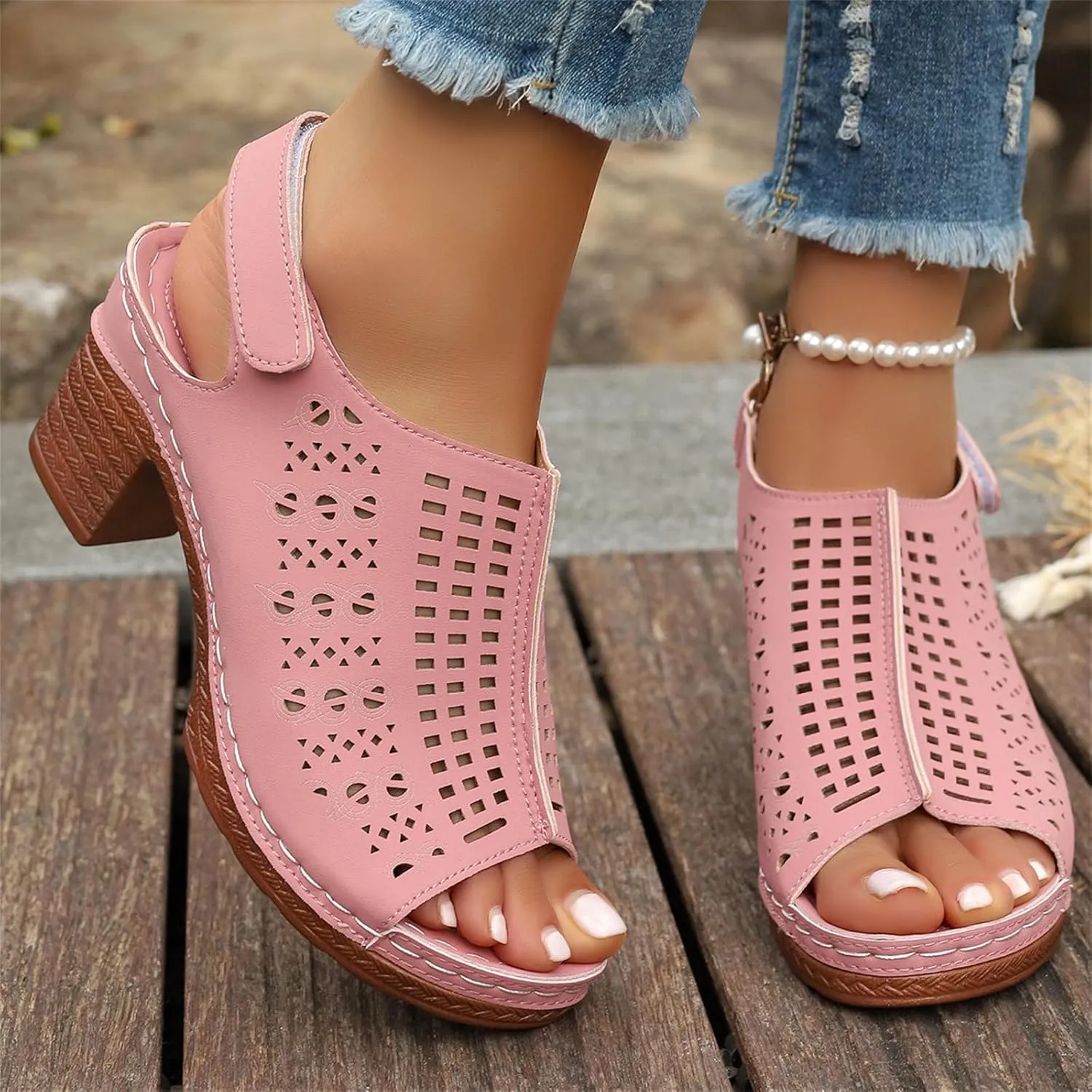 Womens High Heel Sandals Breathable Hollow Out Non Slip On Chunky Heels Sandals Open Toe Buckle Ankle Strap Adjustable Casual Summer Outdoor