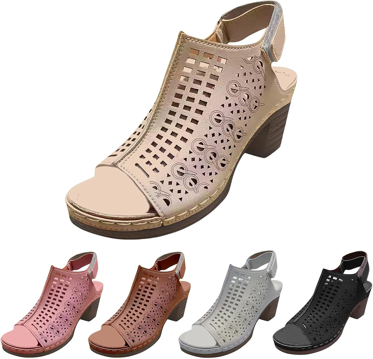 Womens High Heel Sandals Breathable Hollow Out Non Slip On Chunky Heels Sandals Open Toe Buckle Ankle Strap Adjustable Casual Summer Outdoor