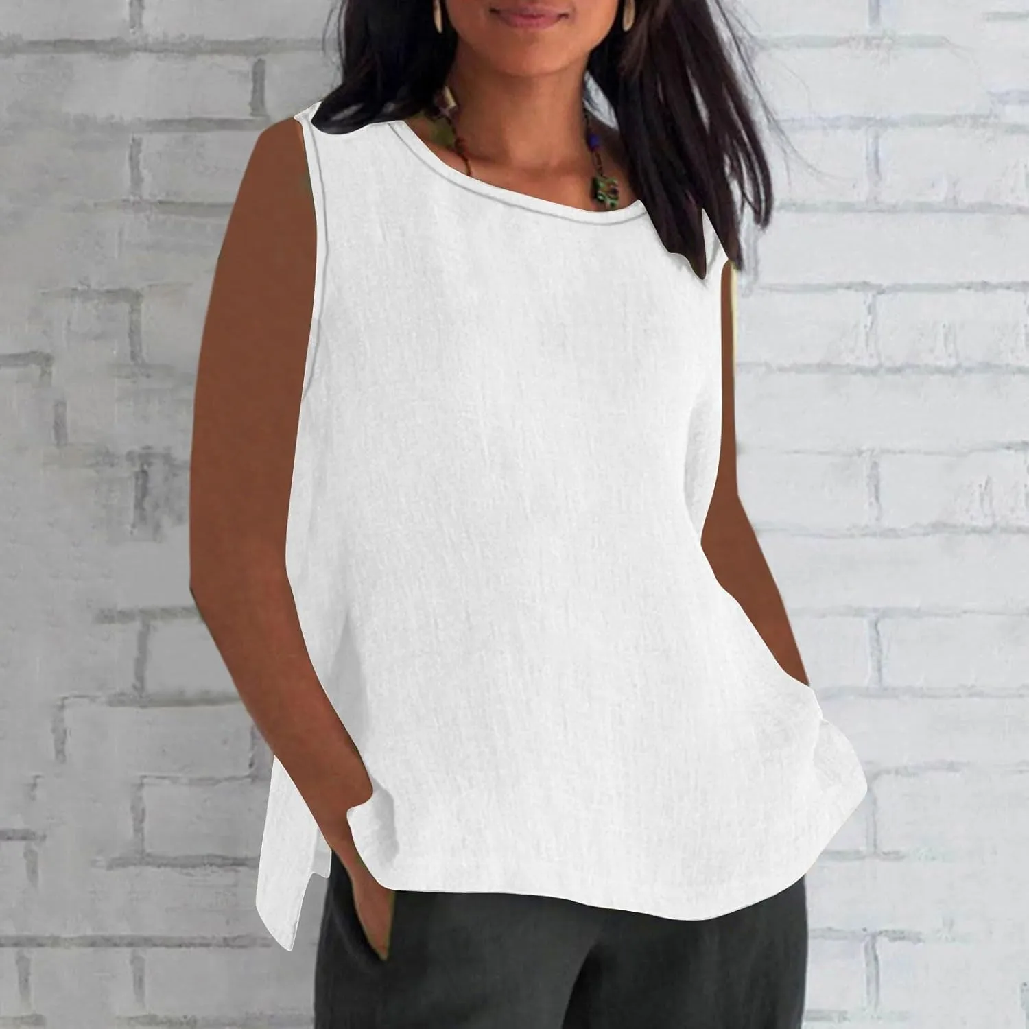 Women's High Neck Loose Tank Tops Breathable Cotton Linen Shirts Sleeveless Blouse Tops Summer Relaxed Fit Clothes