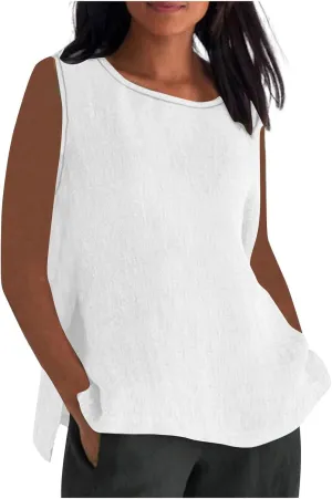 Women's High Neck Loose Tank Tops Breathable Cotton Linen Shirts Sleeveless Blouse Tops Summer Relaxed Fit Clothes