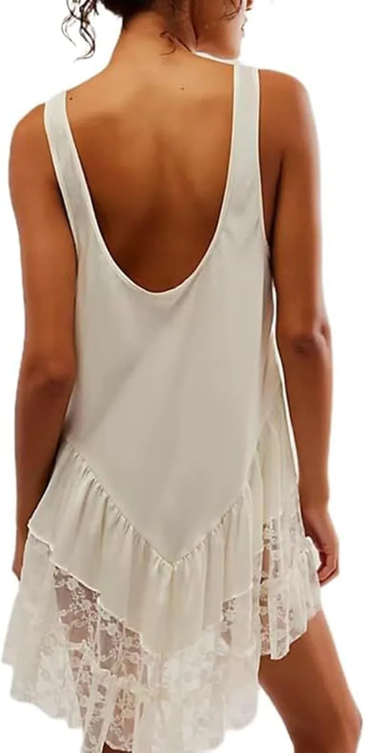 Women's Lace Hem Flowy Mini Dress Y2k Sleevelss Backless Slip Dress Drop Waist Short Tunic Dress Lingerie Nightgown