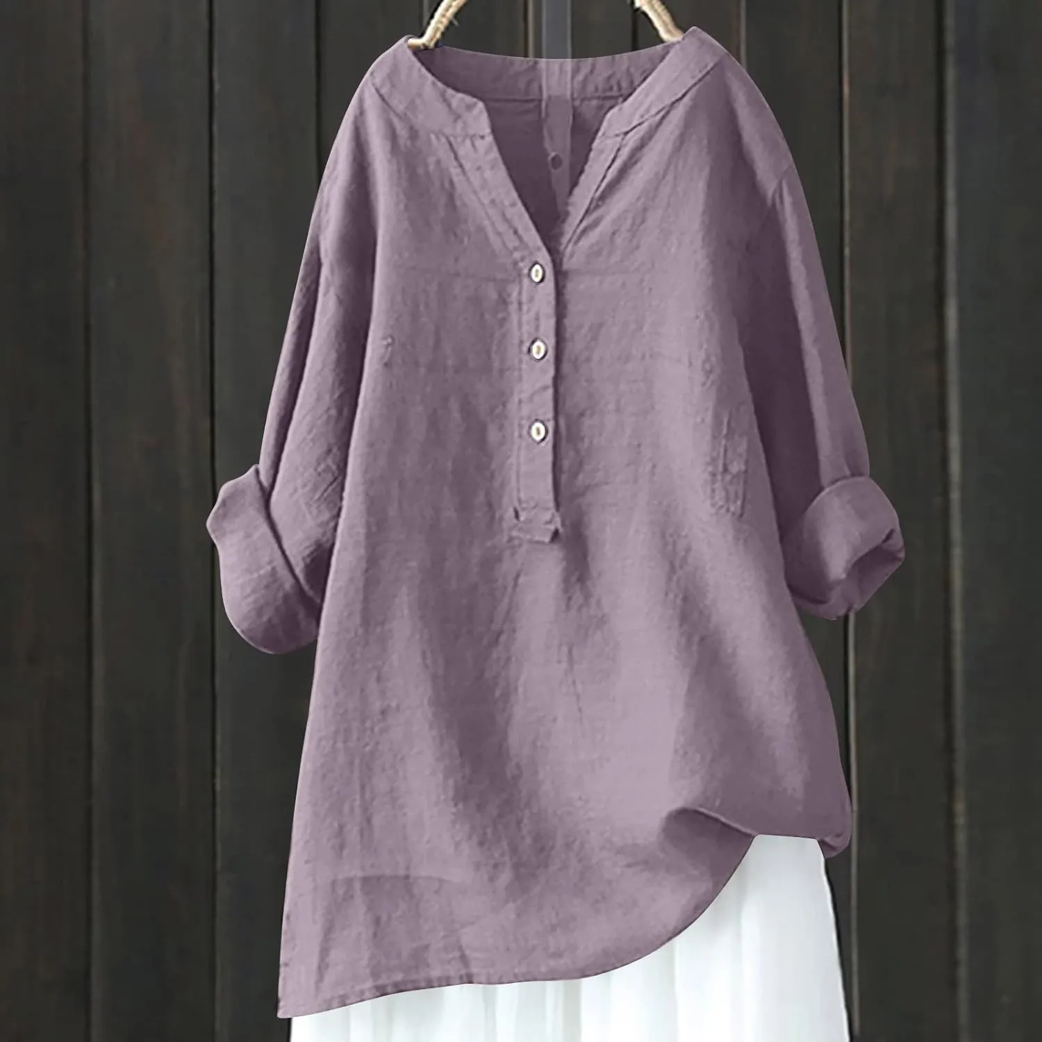 Womens Linen Tunics or Tops to Wear with Leggings V Neck Half Button up Long Sleeve Shirts