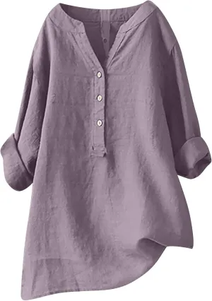 Womens Linen Tunics or Tops to Wear with Leggings V Neck Half Button up Long Sleeve Shirts