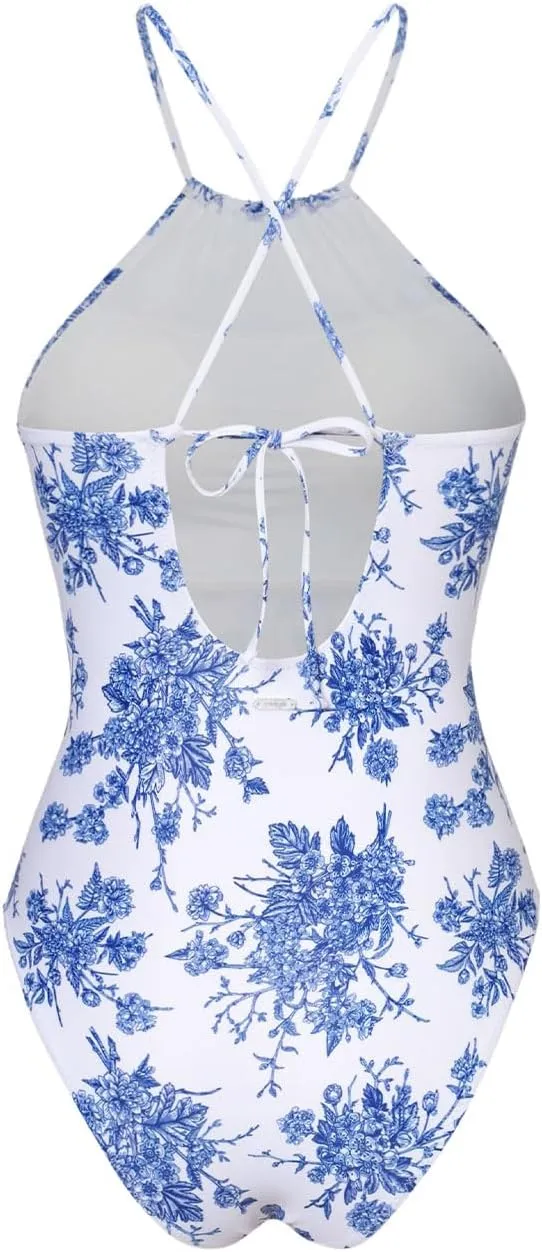 Women's One Piece Swimsuit Halter Ribbed Bathing Monokini Slimming Swimwear