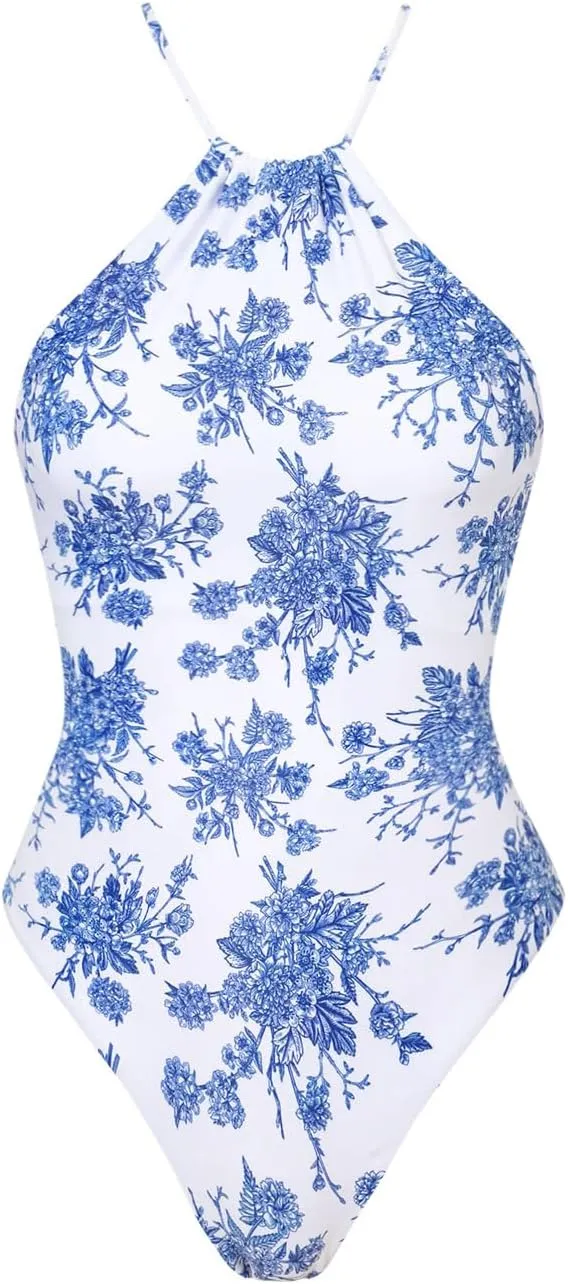 Women's One Piece Swimsuit Halter Ribbed Bathing Monokini Slimming Swimwear
