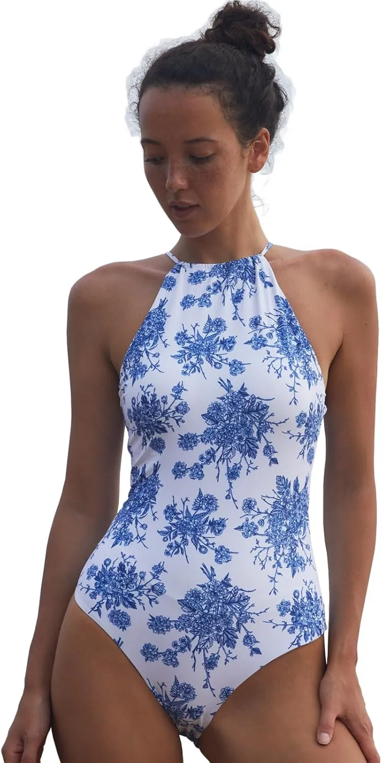 Women's One Piece Swimsuit Halter Ribbed Bathing Monokini Slimming Swimwear