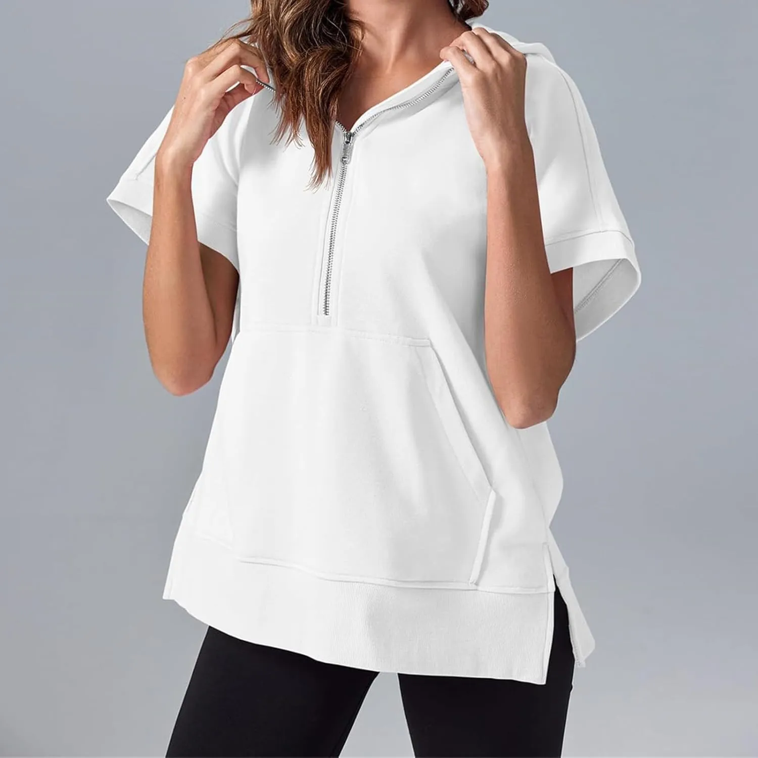 Womens Oversized Half Zip Hoodies Short Sleeve Sweatshirts Casual Loose Fit Shirts Summer Pullover Tops with Pockets