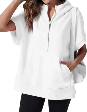 Womens Oversized Half Zip Hoodies Short Sleeve Sweatshirts Casual Loose Fit Shirts Summer Pullover Tops with Pockets