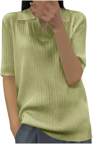 Womens Polo Shirts Collared V Neck Ribbed Knit Sweater Short Sleeve Business Work Tops Casual Loose Tunic Blouses