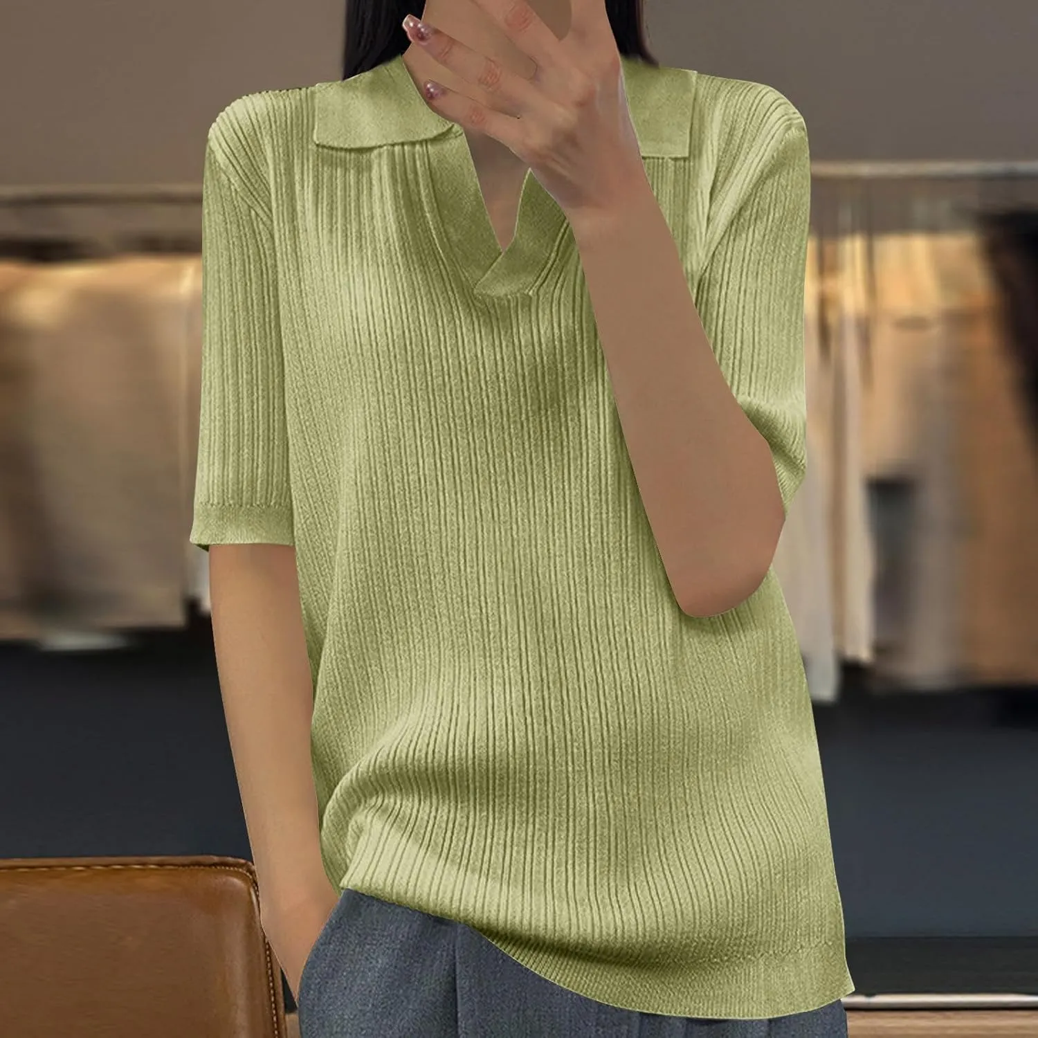 Womens Polo Shirts Collared V Neck Ribbed Knit Sweater Short Sleeve Business Work Tops Casual Loose Tunic Blouses