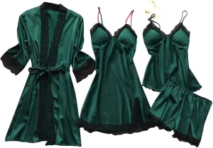 Women's Satin Pajama Set 4Pcs Lace Trim Cami Top Shorts Nightgown Sleepwear Sets Sexy Satin Pjs 4 Pieces with Robe