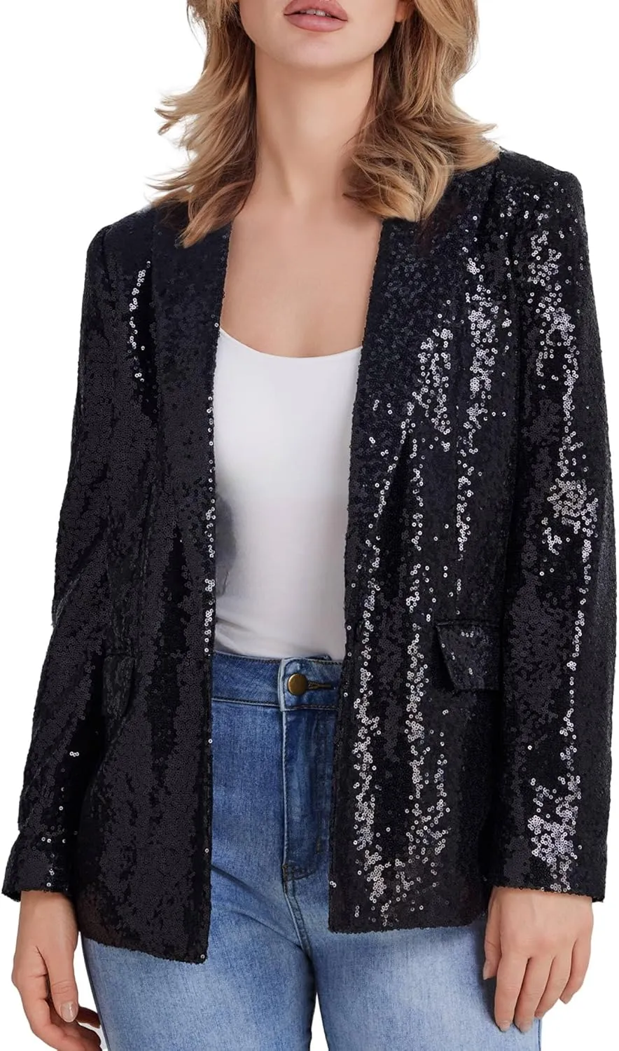 Women's Sequin Suit Jacket Open Front One Button Long Sleeve Blazers Party Sparkly Cardigan Coat with Pockets