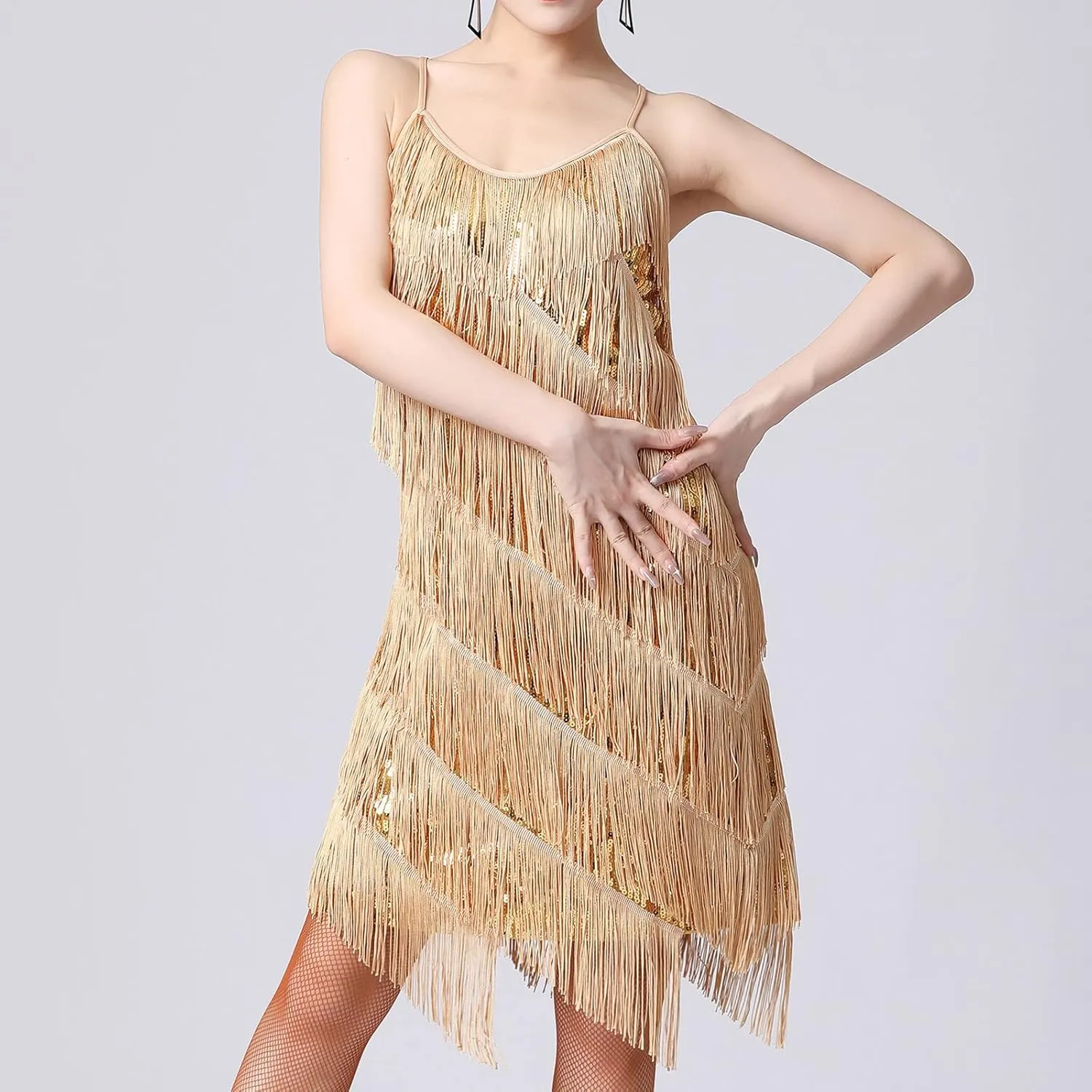 Womens Sequin Tassel Fringe Party Dress Sleeveless Sparkly Spaghetti Straps Flapper Dresses Cocktail Mini Dresses