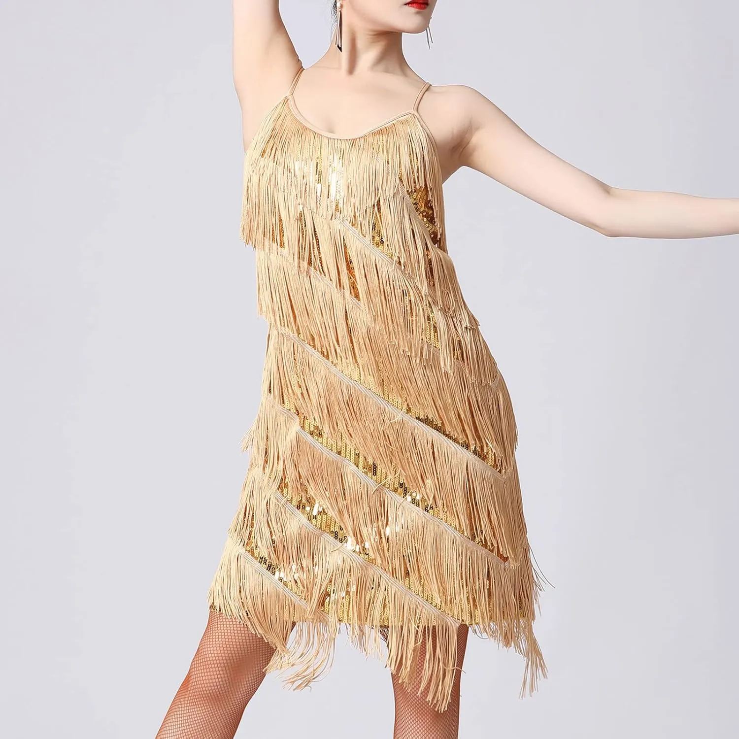 Womens Sequin Tassel Fringe Party Dress Sleeveless Sparkly Spaghetti Straps Flapper Dresses Cocktail Mini Dresses