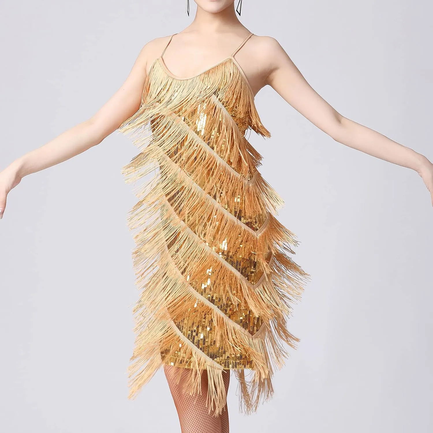 Womens Sequin Tassel Fringe Party Dress Sleeveless Sparkly Spaghetti Straps Flapper Dresses Cocktail Mini Dresses