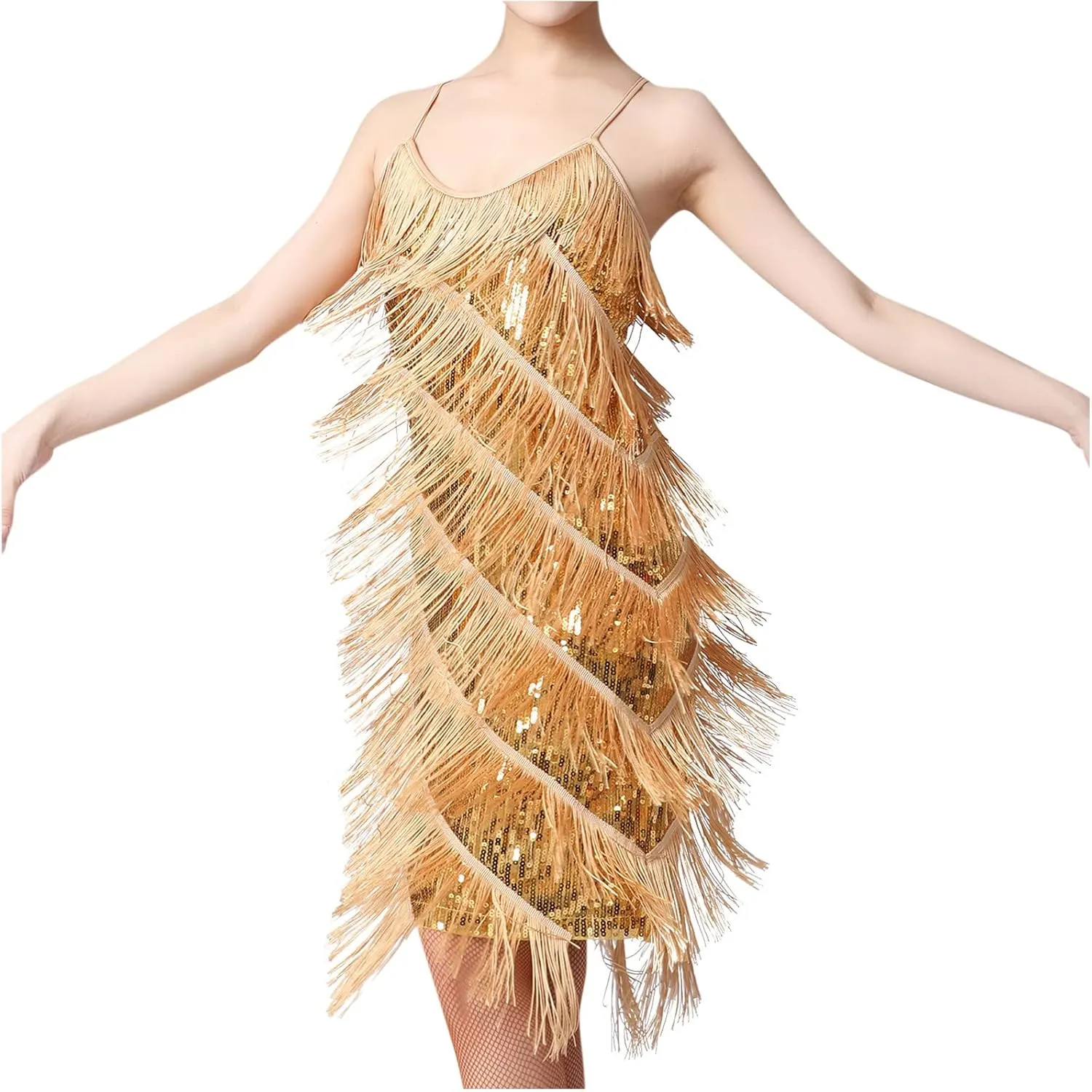 Womens Sequin Tassel Fringe Party Dress Sleeveless Sparkly Spaghetti Straps Flapper Dresses Cocktail Mini Dresses