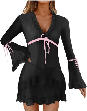 Women's Sheer Mesh Nightgown Sexy Ruffle V Neck Long Sleeve Mini Babydoll Chemise Lingerie with Panty 2Pcs Sleepwear