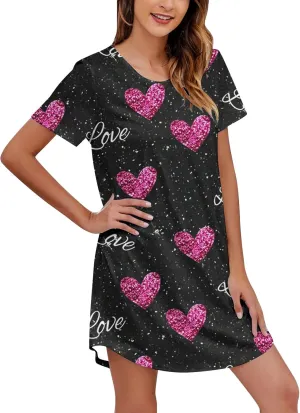 Womens Short Sleeves Nightgowns Heart Printed Crew Neck Sleepshirts Loose Sleepwear Sleepdress Casual Nightshirts S-2XL