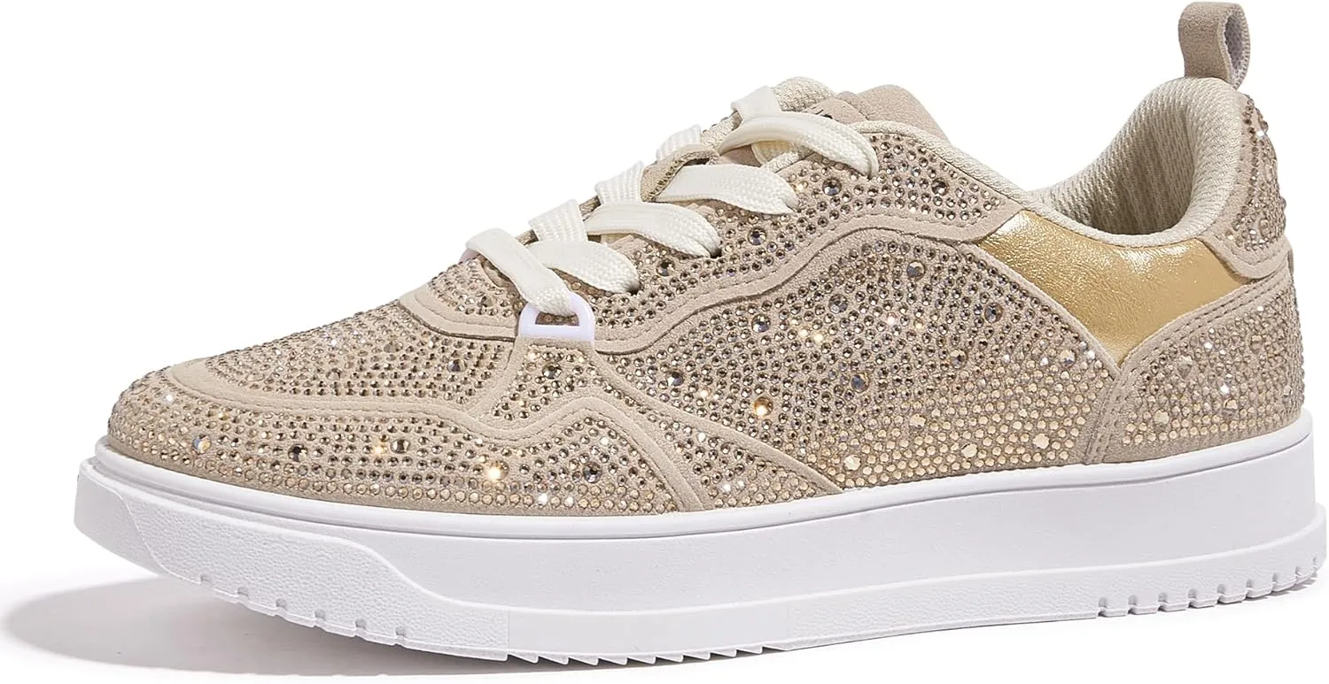 Women's Sparkly Rhinestone Sneakers Comfortable Athletic Glitter Platform Tennis Shoes for Casual, Gym & Fashion Outfits