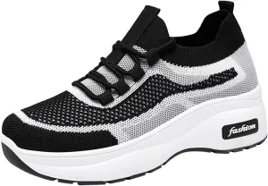 Women's Spring and Autumn Thick Soled Casual Height Enhancing Mesh Breathable Orthopedic Lace up Casual Shoes in Leather