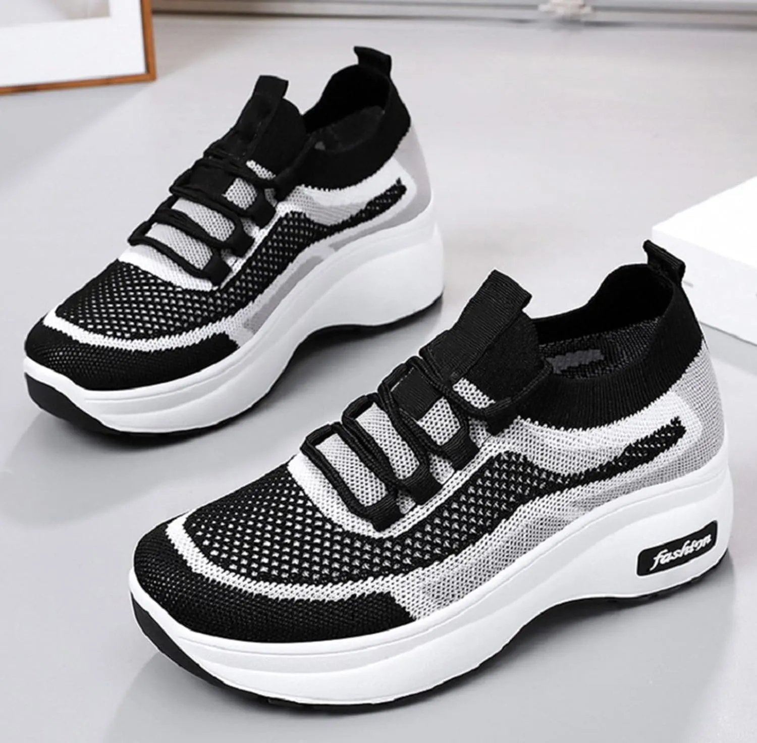 Women's Spring and Autumn Thick Soled Casual Height Enhancing Mesh Breathable Orthopedic Lace up Casual Shoes in Leather