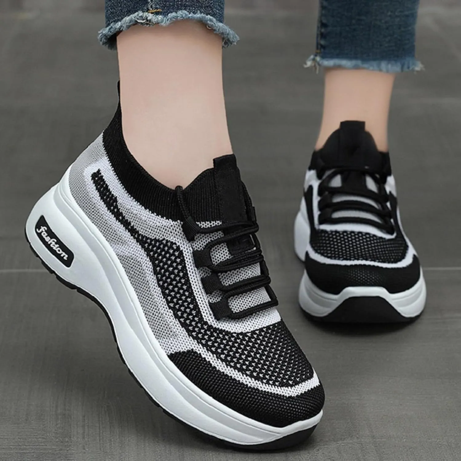 Women's Spring and Autumn Thick Soled Casual Height Enhancing Mesh Breathable Orthopedic Lace up Casual Shoes in Leather