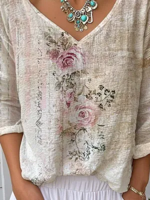 Women's Spring Long Sleeve Tops Vintage Boho Floral Print V Neck T Shirts Artistic Tees
