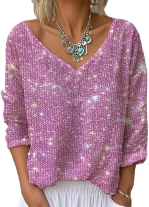 Women's Spring Long Sleeve Tops Vintage Boho Floral Print V Neck T Shirts Artistic Tees