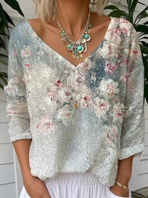 Women's Spring Long Sleeve Tops Vintage Boho Floral Print V Neck T Shirts Artistic Tees