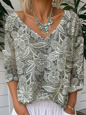 Women's Spring Long Sleeve Tops Vintage Boho Floral Print V Neck T Shirts Artistic Tees
