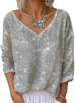 Women's Spring Long Sleeve Tops Vintage Boho Floral Print V Neck T Shirts Artistic Tees