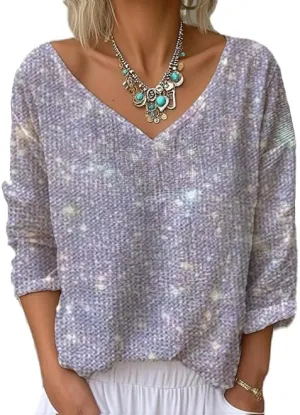 Women's Spring Long Sleeve Tops Vintage Boho Floral Print V Neck T Shirts Artistic Tees
