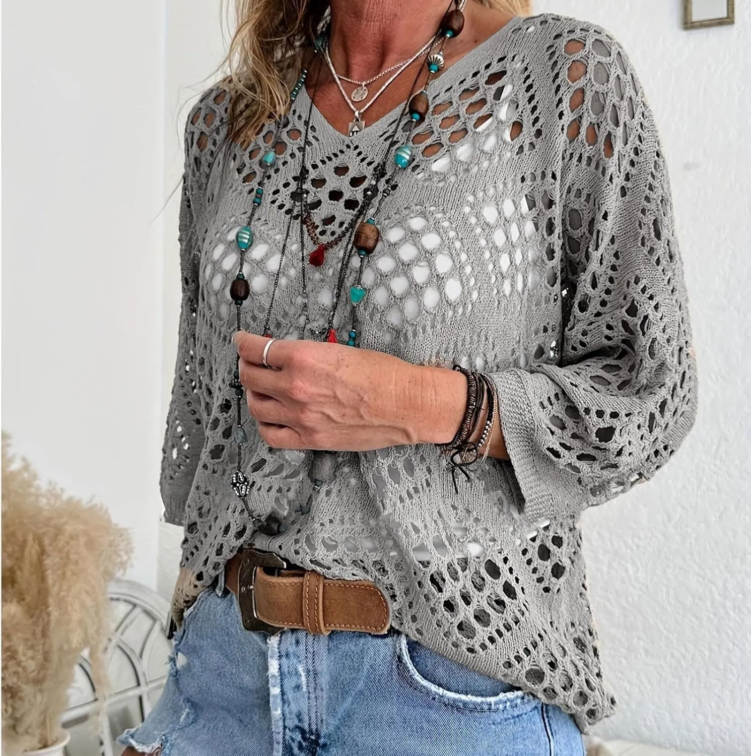 Womens Summer Crochet Top Hollow Out V Neck Long Batwing Sleeve Pullover Tops Sweater 2025 Beach Cover ups