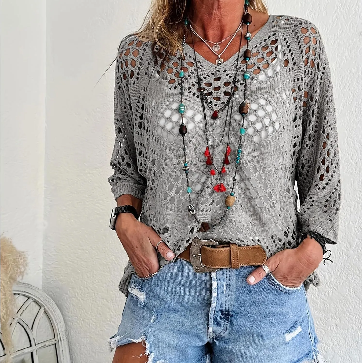 Womens Summer Crochet Top Hollow Out V Neck Long Batwing Sleeve Pullover Tops Sweater 2025 Beach Cover ups