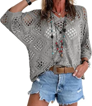 Womens Summer Crochet Top Hollow Out V Neck Long Batwing Sleeve Pullover Tops Sweater 2025 Beach Cover ups