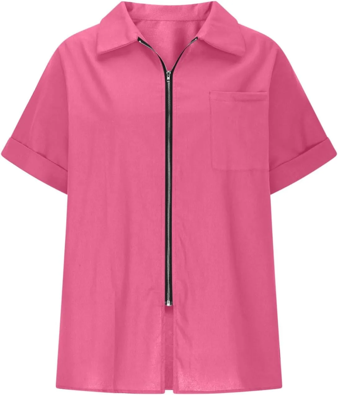Womens Summer Shirts Fashion Lapel Collar Short Sleeves Full Zipper Blouses with Pockets Linen Solid Color Tops