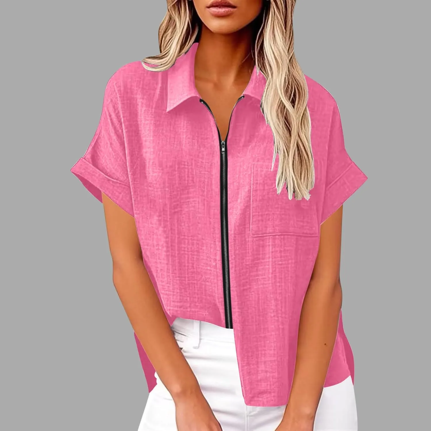Womens Summer Shirts Fashion Lapel Collar Short Sleeves Full Zipper Blouses with Pockets Linen Solid Color Tops