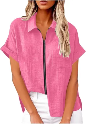 Womens Summer Shirts Fashion Lapel Collar Short Sleeves Full Zipper Blouses with Pockets Linen Solid Color Tops