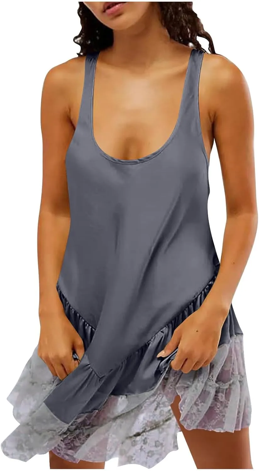 Women's Tank Nightgown Crew Neck Sleeveless Chemise Nighty Loose Lace Hem Sleepdress Sleeveless Comfy Loungewear