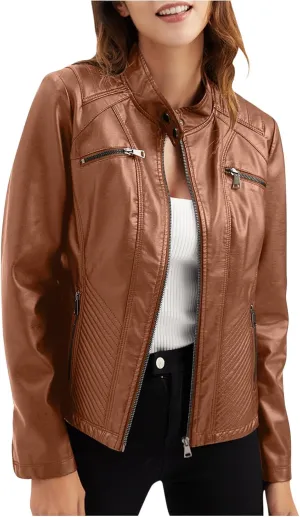 Women's The Classic Faux Leather Moto Jacket Faux Leather Zip Up Short Jacket Vegan Jackets Moto Biker Motocycle Coat