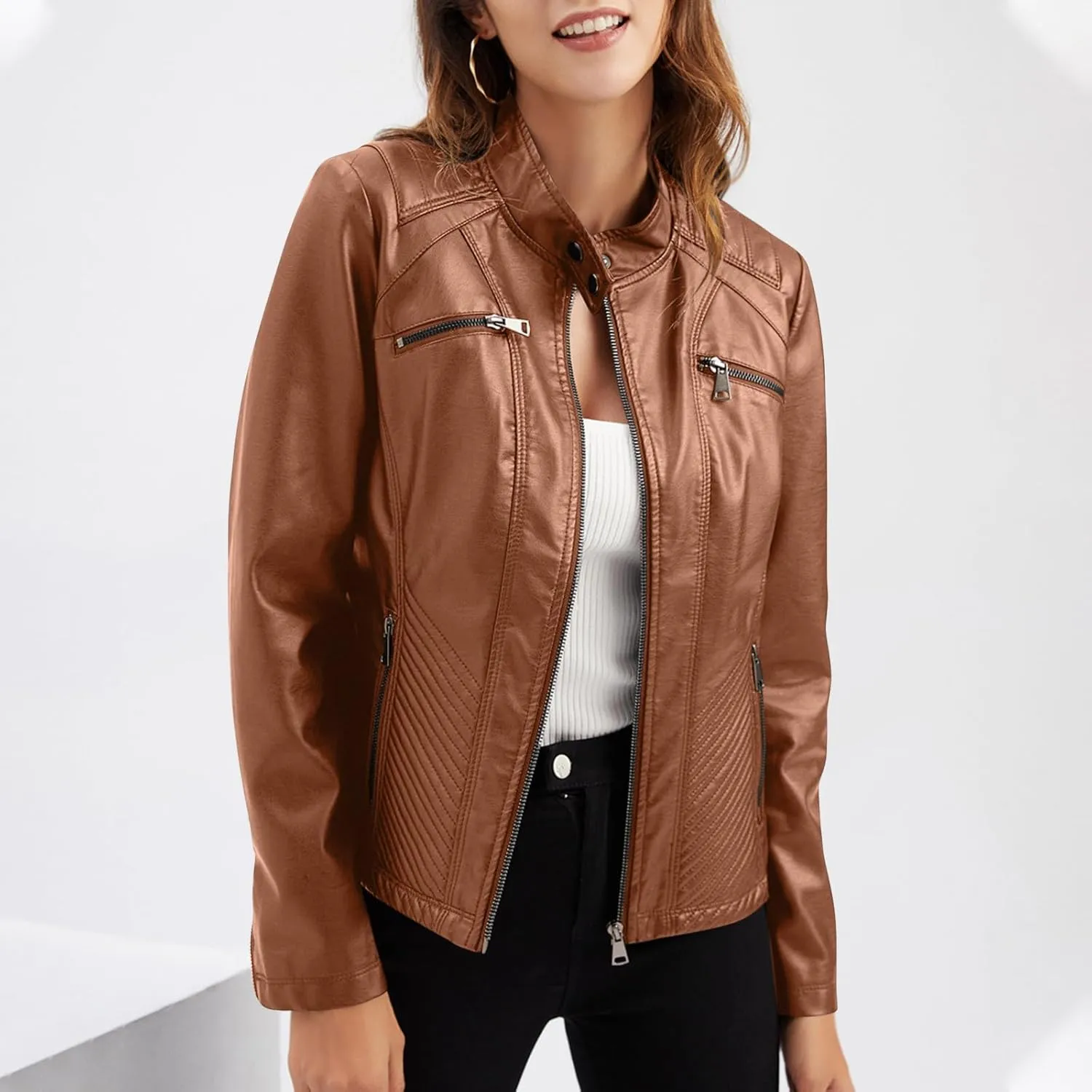 Women's The Classic Faux Leather Moto Jacket Faux Leather Zip Up Short Jacket Vegan Jackets Moto Biker Motocycle Coat