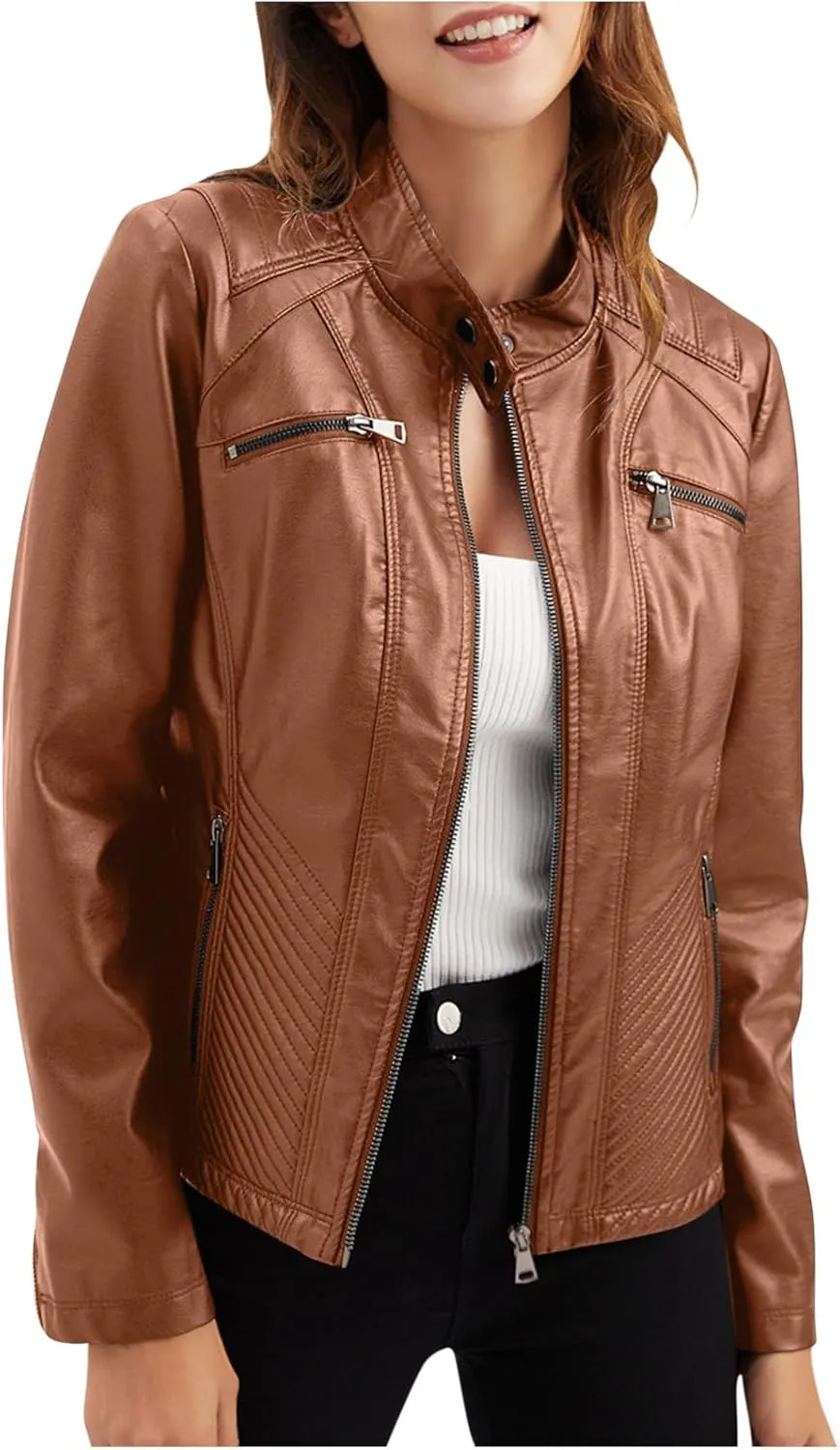 Women's The Classic Faux Leather Moto Jacket Faux Leather Zip Up Short Jacket Vegan Jackets Moto Biker Motocycle Coat