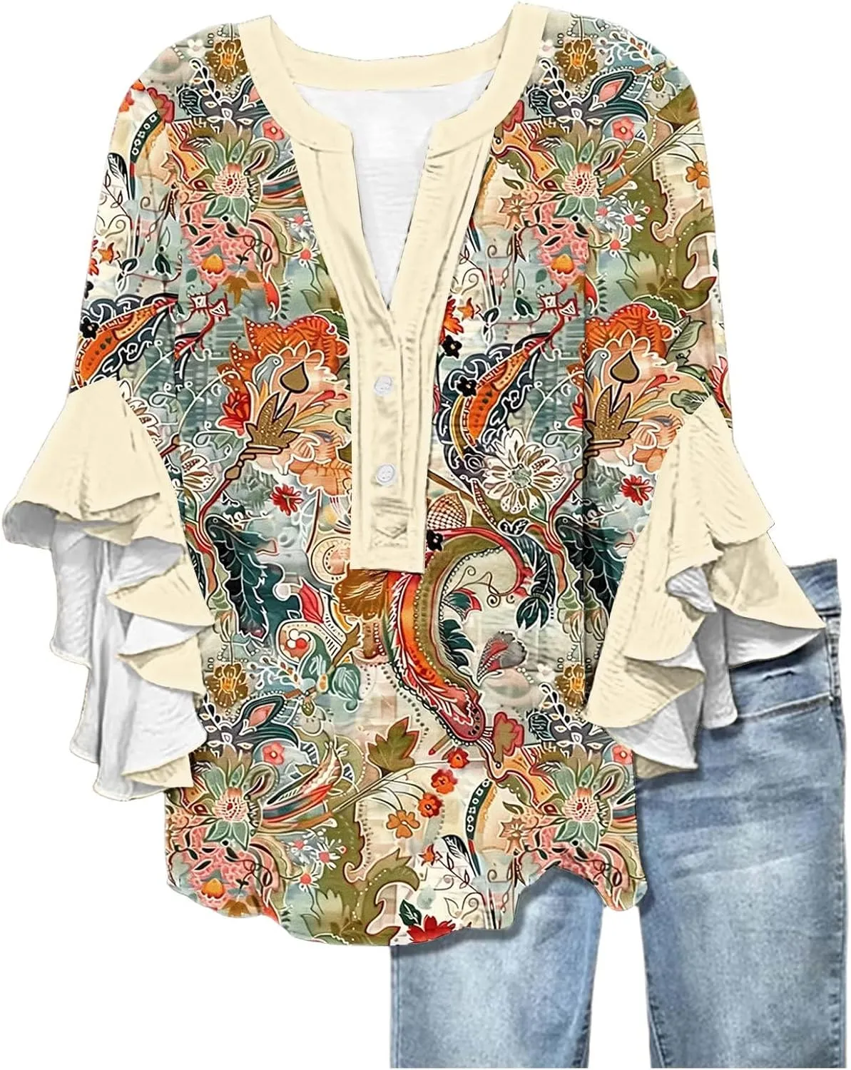 Womens Tops Dressy Casual 3/4 Length Bell Sleeve Top Oversized V Neck Floral T Shirts Summer Fashion Boho Tunics 2025