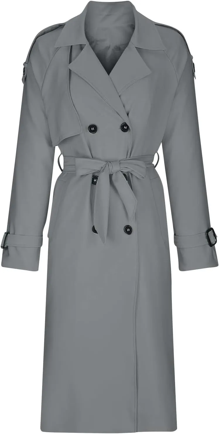 Women's Trench Coat Double Breasted Long Trench Coat Spring Fall Windproof Classic Lapel Overcoat with Belt