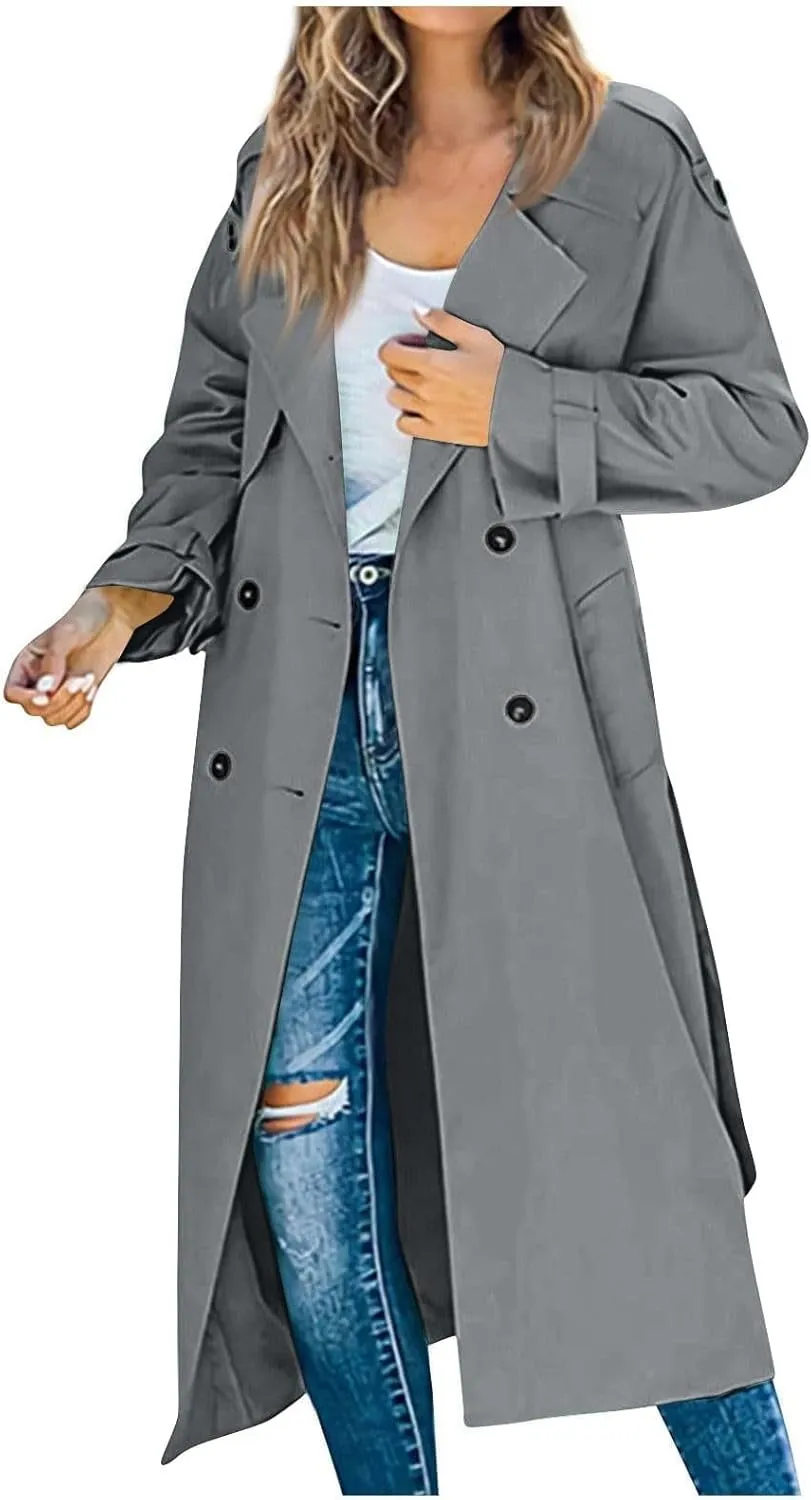 Women's Trench Coat Double Breasted Long Trench Coat Spring Fall Windproof Classic Lapel Overcoat with Belt
