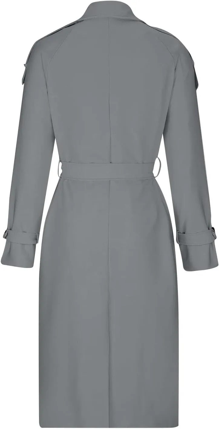Women's Trench Coat Double Breasted Long Trench Coat Spring Fall Windproof Classic Lapel Overcoat with Belt