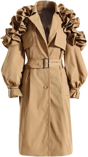 Women's Trench Coat Lapel Single Breasted Shoulder Ruffle Long Sleeve Belt Trench Coat Autumn