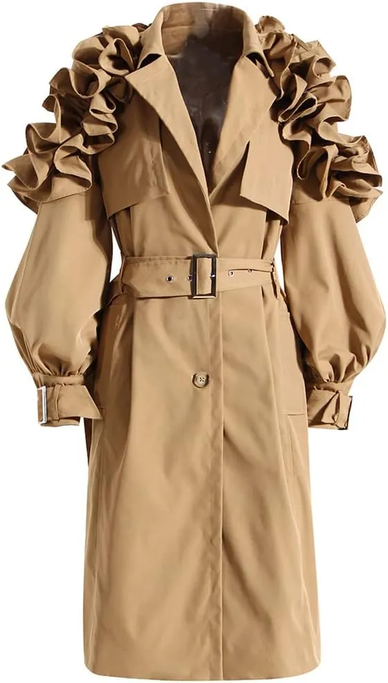 Women's Trench Coat Lapel Single Breasted Shoulder Ruffle Long Sleeve Belt Trench Coat Autumn