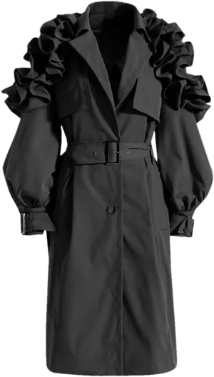 Women's Trench Coat Lapel Single Breasted Shoulder Ruffle Long Sleeve Belt Trench Coat Autumn