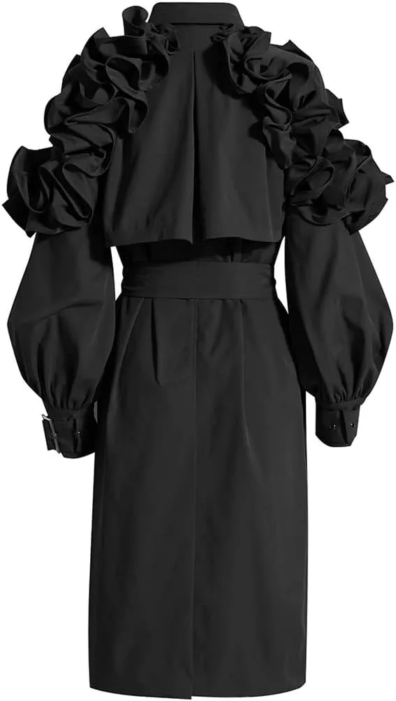 Women's Trench Coat Lapel Single Breasted Shoulder Ruffle Long Sleeve Belt Trench Coat Autumn